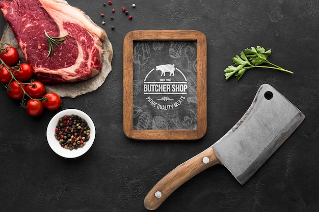 Produits de viande avec maquette de tableau noir