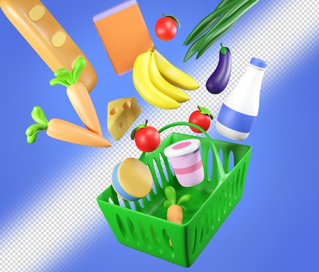 Produkte fliegen bunt aus dem transparenten Hintergrund des Korbes heraus