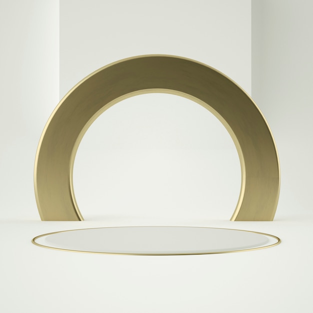 Produktpodest aus sauberem Weißgold, Goldrahmen, Gedenktafel, abstraktes Minimalkonzept, Leerzeichen, sauberes Design, Luxus. 3D-Rendering