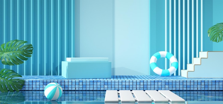 PSD produktpodium hintergrund himmel im freien natur schwimmbad