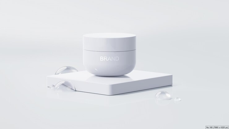 PSD produto de beleza no pódio branco com bolha de água. renderização 3d