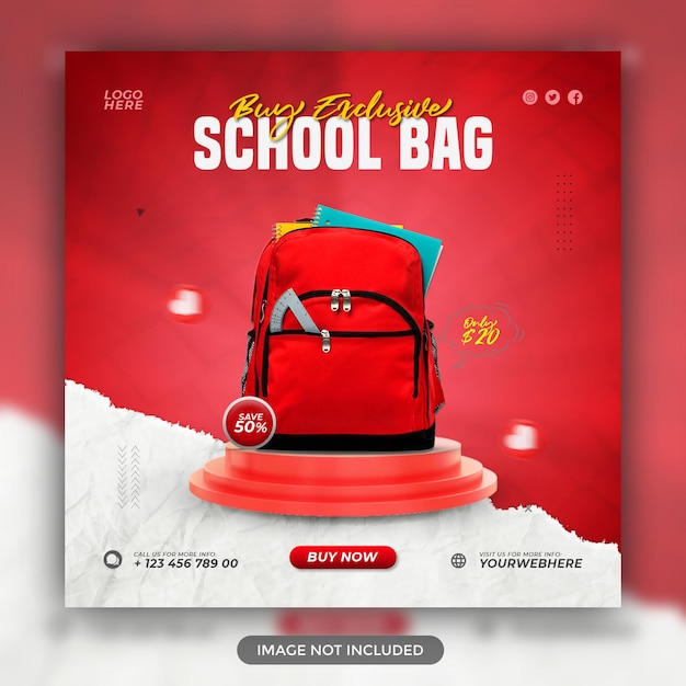 Produto de marca de bolsa escolar moderno e elegante de cor vermelha para banner de modelo de mídia social