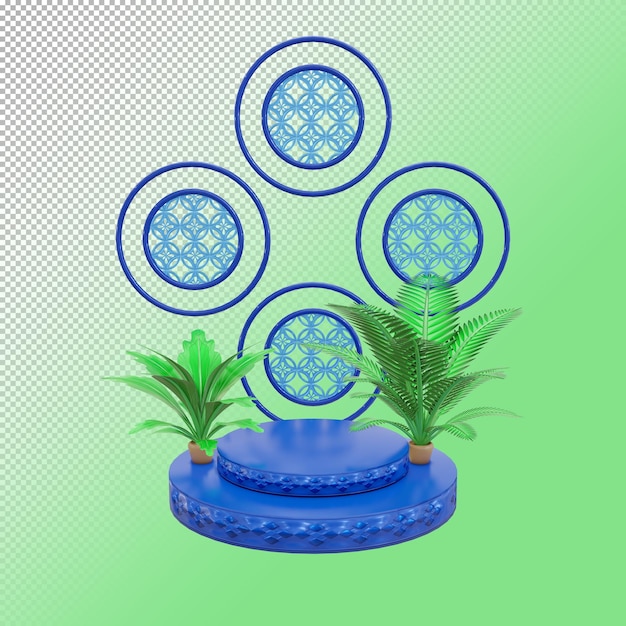 produto de pódio em forma de retângulo azul com planta de palmeira e ornamento de padrão azul em renderização 3d