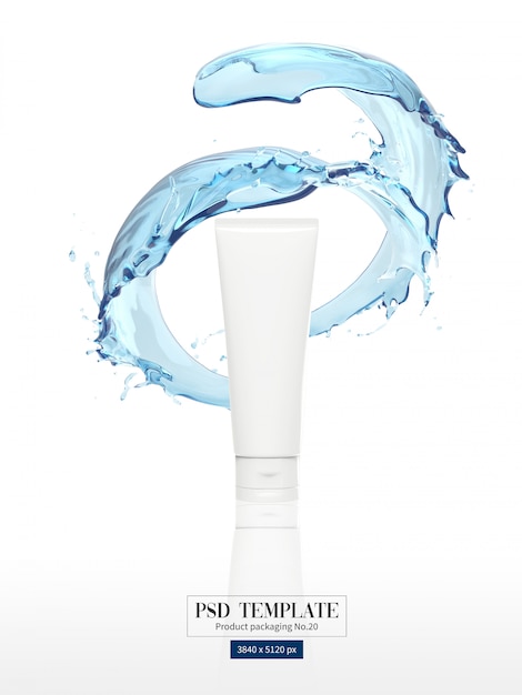 Produto facial com respingos de água no fundo branco 3D Render