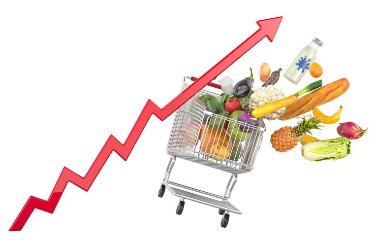 PSD produtos alimentares voando para fora do carrinho de compras com flecha vermelha crescente aumentando os preços dos supermercados e o custo dos alimentos ou o conceito de preço do supermercado renderização 3d isolada em fundo transparente
