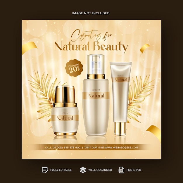 Produtos cosméticos de beleza e postagem de mídia social de maquiagem e modelo de design de banner de venda com desconto