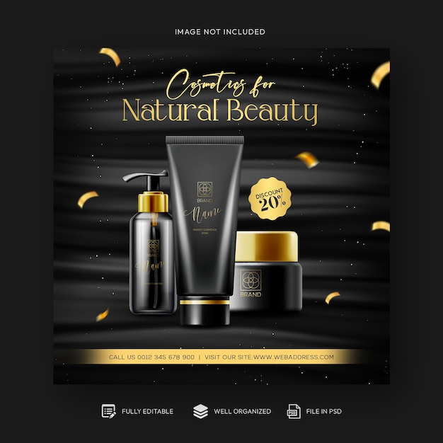 Produtos cosméticos de beleza e postagem de mídia social de maquiagem e modelo de design de banner de venda com desconto