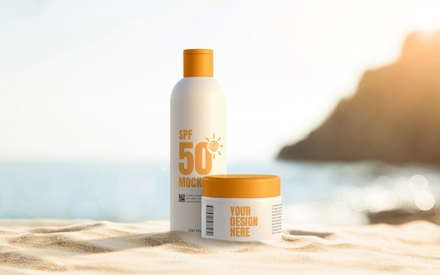 PSD produtos cosméticos de verão na praia