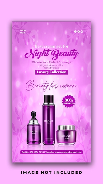 PSD produtos de beleza cosméticos e histórias do instagram de maquiagem postam modelo de design de banner