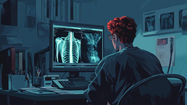 PSD profesional médico que revisa las radiografías de la columna vertebral