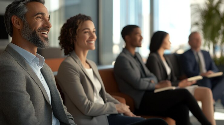 PSD profesionales de negocios felices escuchando atentamente una presentación en una oficina moderna
