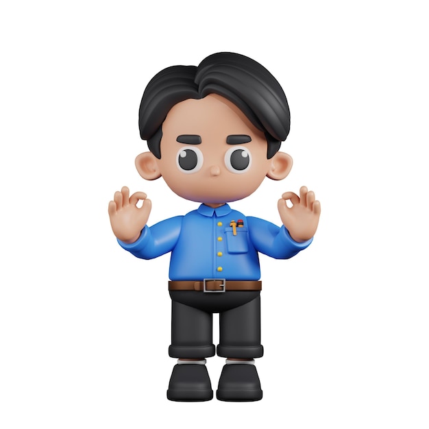 Profesor de personaje 3D dando pose de gesto de mano Ok