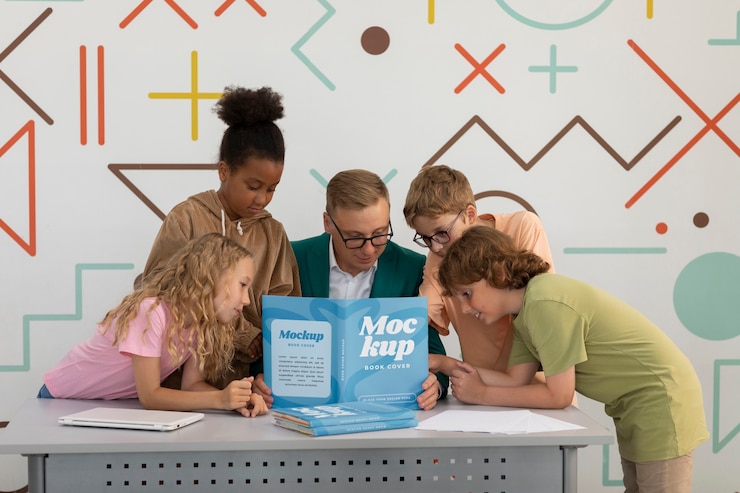 PSD profesor sosteniendo una maqueta de materiales educativos