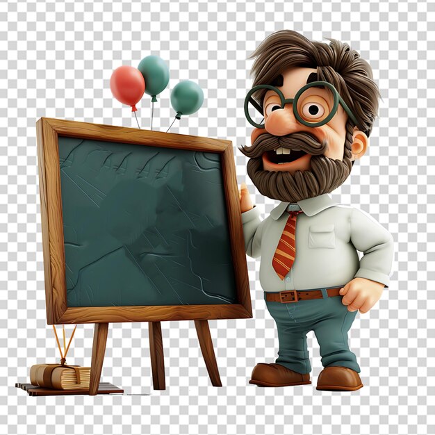 Profesores y estudiantes de estilo 3D de dibujos animados y tablero verde PNG transparente