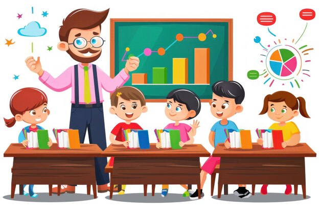 Un professeur explique une leçon à ses élèves. L'enseignant se tient devant la classe en montrant un graphique sur le tableau. Les élèves sont assis à leur bureau et écoutent attentivement.
