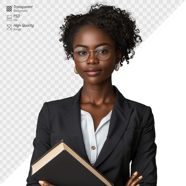 PSD professional african american woman holding book confidently