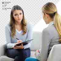 PSD professional female counselor discussing with client on couch
