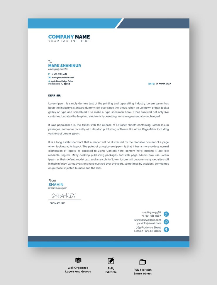 Professional Letterhead Template with Blue and Gray Accents and Circular Logo