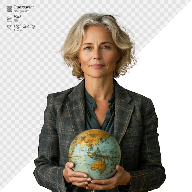 PSD professional woman holding a globe with a confident smile