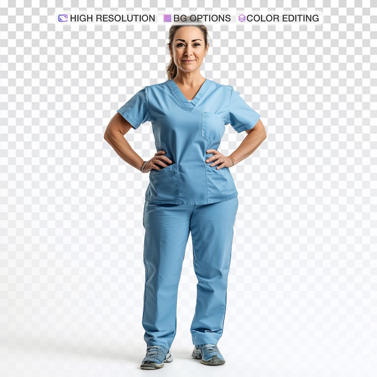 PSD professionale medico in scrubs contro uno sfondo bianco