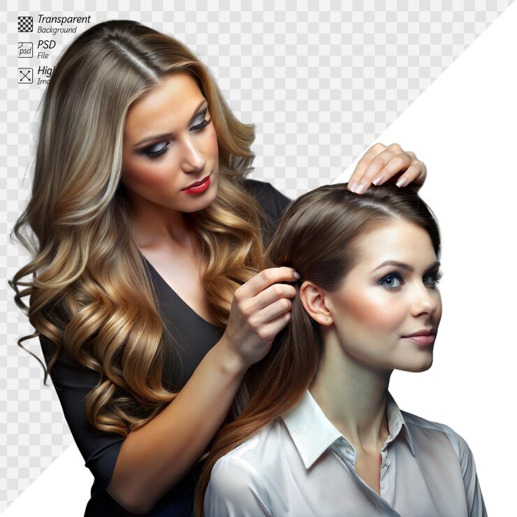 PSD professioneller stylist, der eine elegante frisur für den kunden erstellt