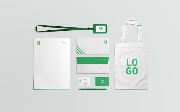 Professionelles geschäftsdrucksachen-mockup briefkopf-visitenkarten-umschlagtasche und id-karte