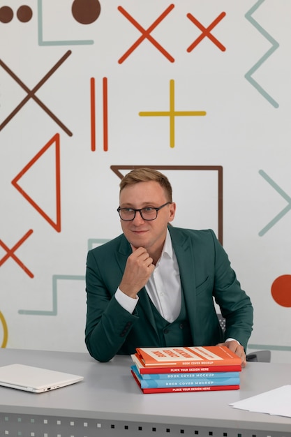 Professor hält ein Modell von Unterrichtsmaterialien in der Hand