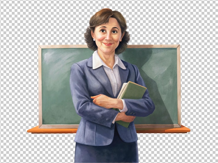 PSD professora de escola com lição de livros