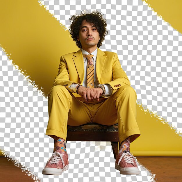 PSD professora de jardim de infância asiática loving man com cabelo pervertido posa em estilo sentado contra amarelo pastel