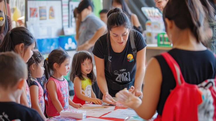 PSD professora que ajuda um grupo diversificado de crianças pré-escolares com atividades artesanais