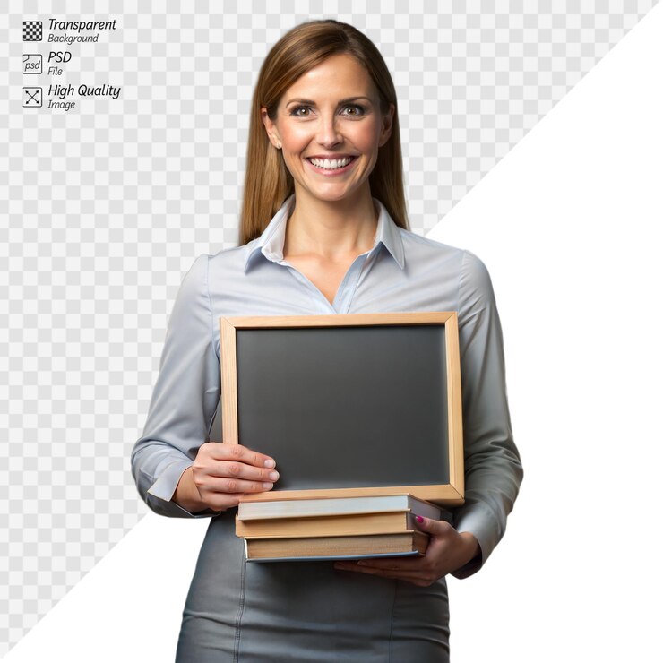 PSD professora sorridente segurando livros e quadro em fundo transparente