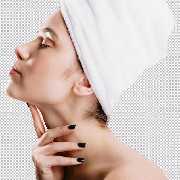 Profile photo of lady with white towel on her head Woman after shower without makeup posing on isolated wall