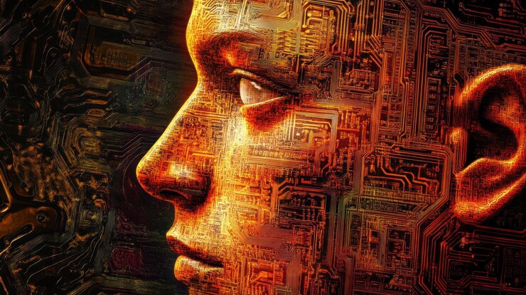 PSD profilo di bambino cyborg tecnologia futuristica integrata nella pelle umana