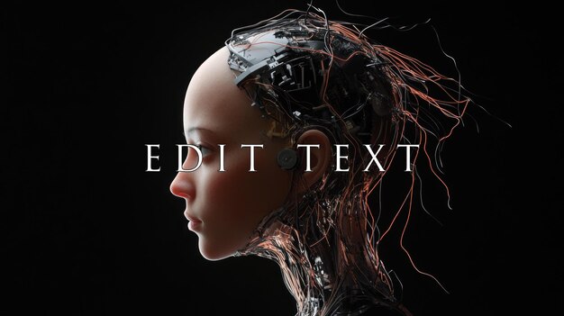Profilo di ragazza cyborg testa android futuristica con cavi e circuiti