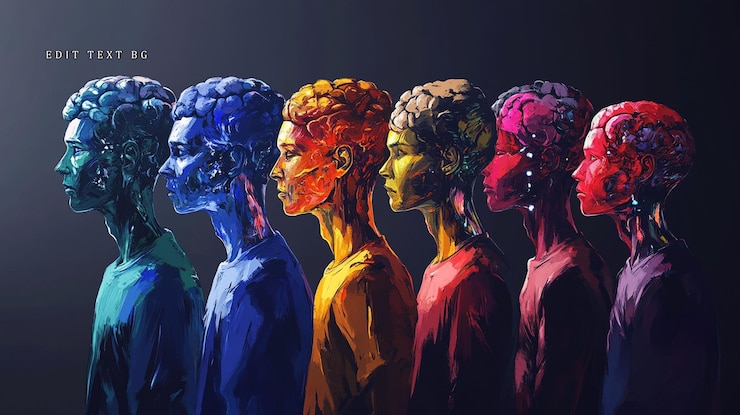 PSD des profils humains robotiques colorés dans une rangée montrant la diversité et les progrès technologiques