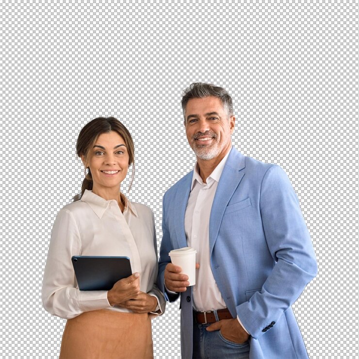PSD profissionais de negócios sorrindo com tablet e café