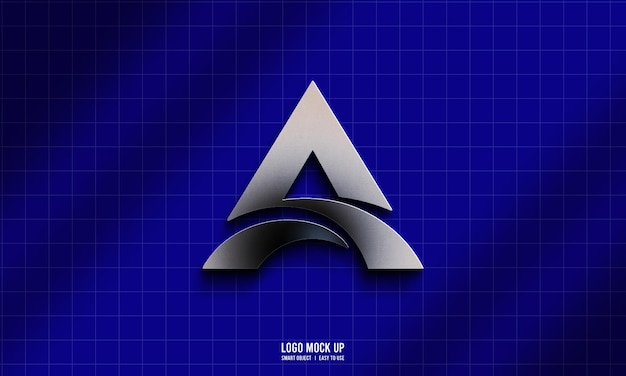 Progettazione del logo 3D metallico su sfondo a griglia blu