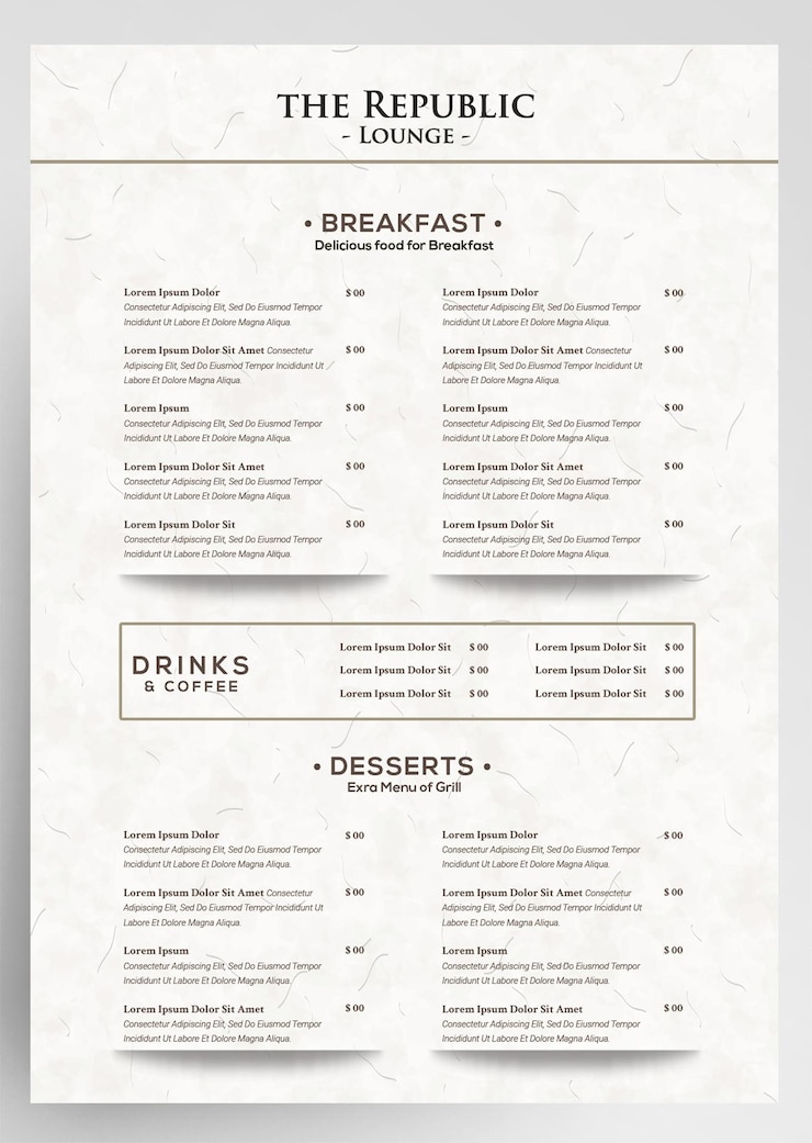 PSD progettazione del modello di menu del ristorante minimo