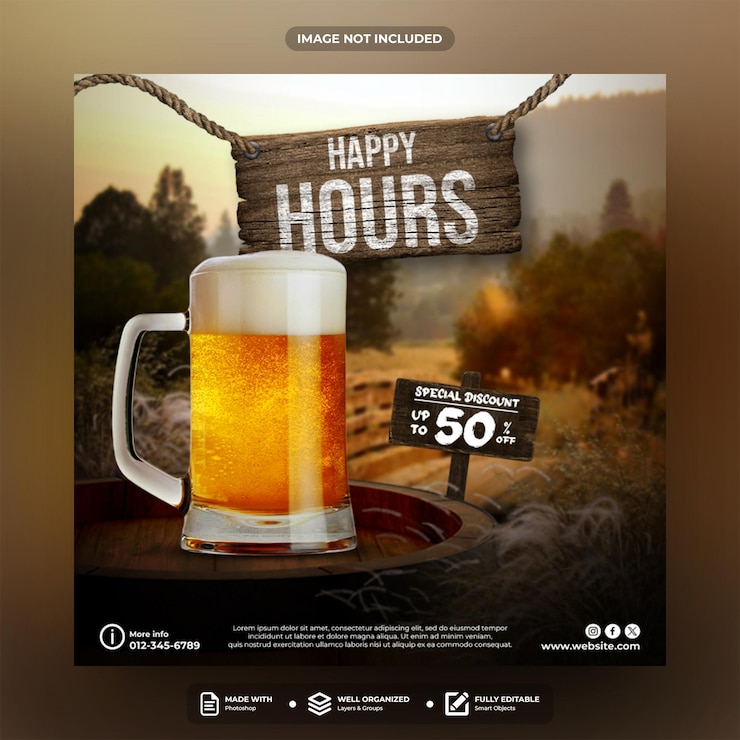 PSD progettazione del modello di post sui social media happy hour