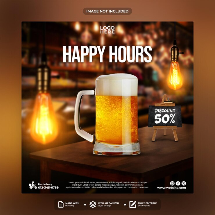 PSD progettazione del modello di post sui social media happy hour