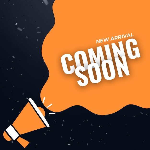Progettazione grafica in arrivo presto annuncio combinazione di colori arancione e nero megafono icona curva borde