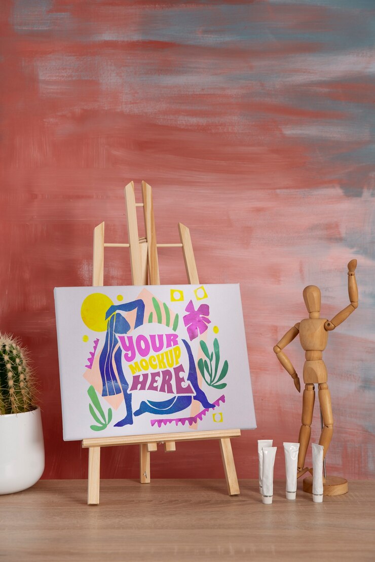 PSD progetto di mock-up per officina con tela da pittura