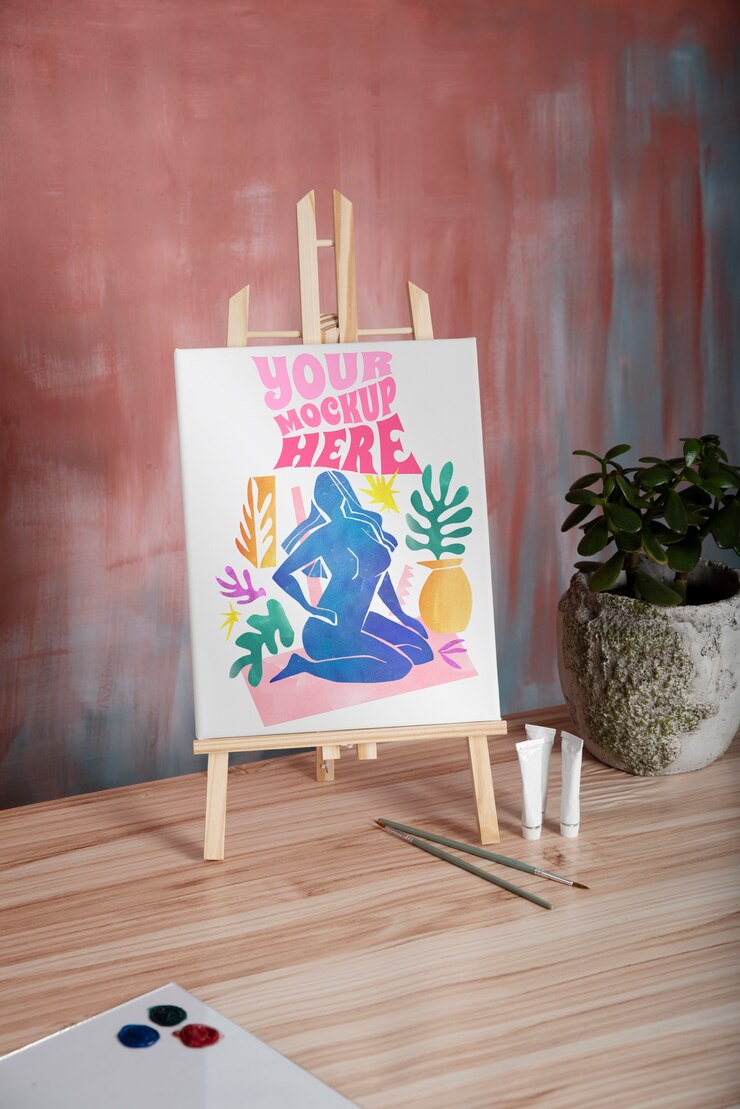 PSD progetto di mock-up per officina con tela da pittura