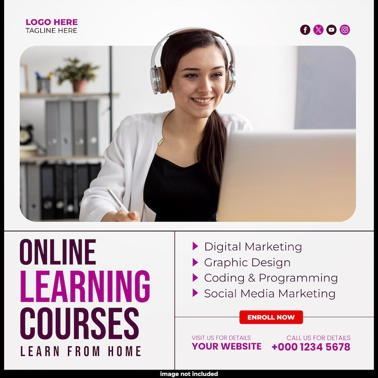 PSD programa de aula on-line post de mídia social ou modelo de banner quadrado