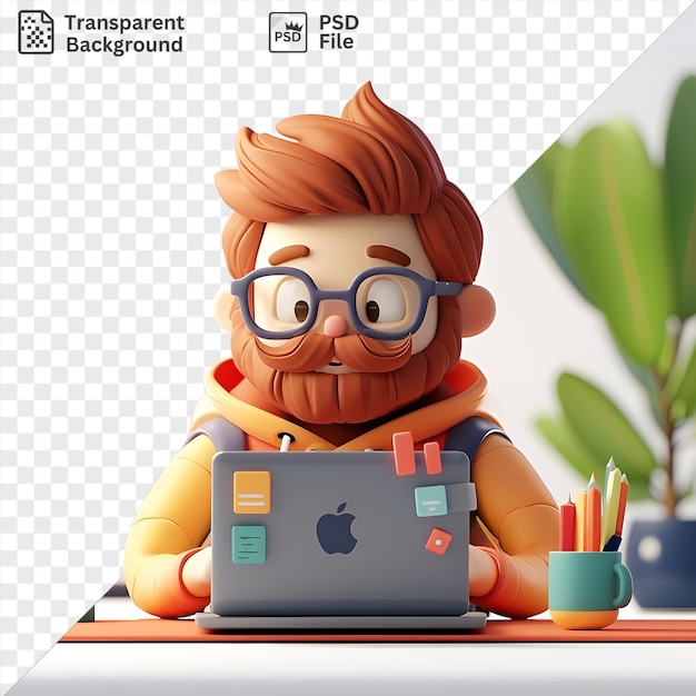 Programador 3d codificación de dibujos animados en un escritorio de computadora rodeado por una planta verde taza azul cara naranja gafas azules cabello naranja y un brazo amarillo