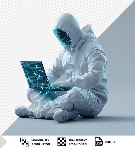 programador de computadoras 3D aislado codificando en una computadora portátil con una capucha blanca y pantalones azules y blancos con un zapato blanco visible en primer plano y una sombra oscura detrás de ellos