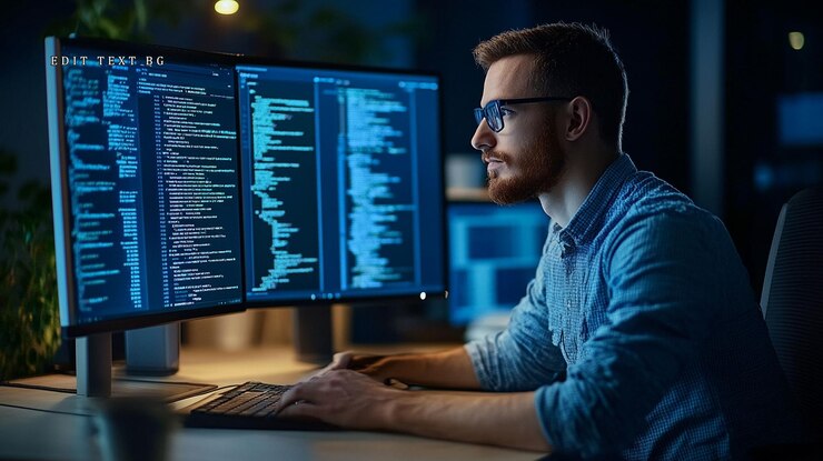 PSD programador enfocado trabajando tarde en la noche en su computadora revisando líneas de código en monitores duales