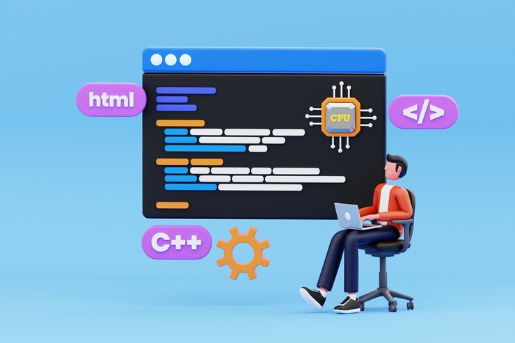 PSD programador profesional escribiendo código para probar software de computadora ilustración 3d