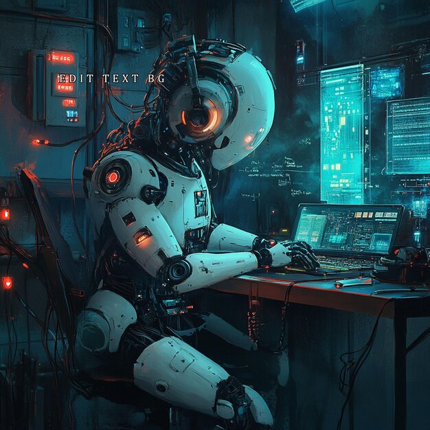 Programador de robots futuristas trabajando tarde en la noche en un oscuro laboratorio de alta tecnología