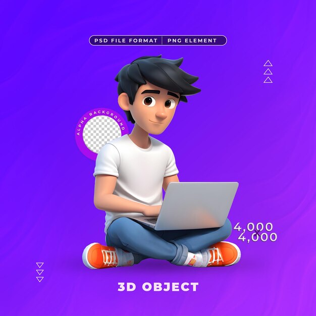 PSD programador sentado com laptop caracter 3d render isolado para composição